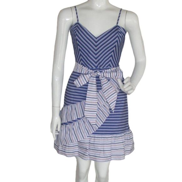 new PARKER Sundress, 10, Stripes, Ruffle/Bow, Blue/White,Spag Straps, Above knee - Picture 1 of 14